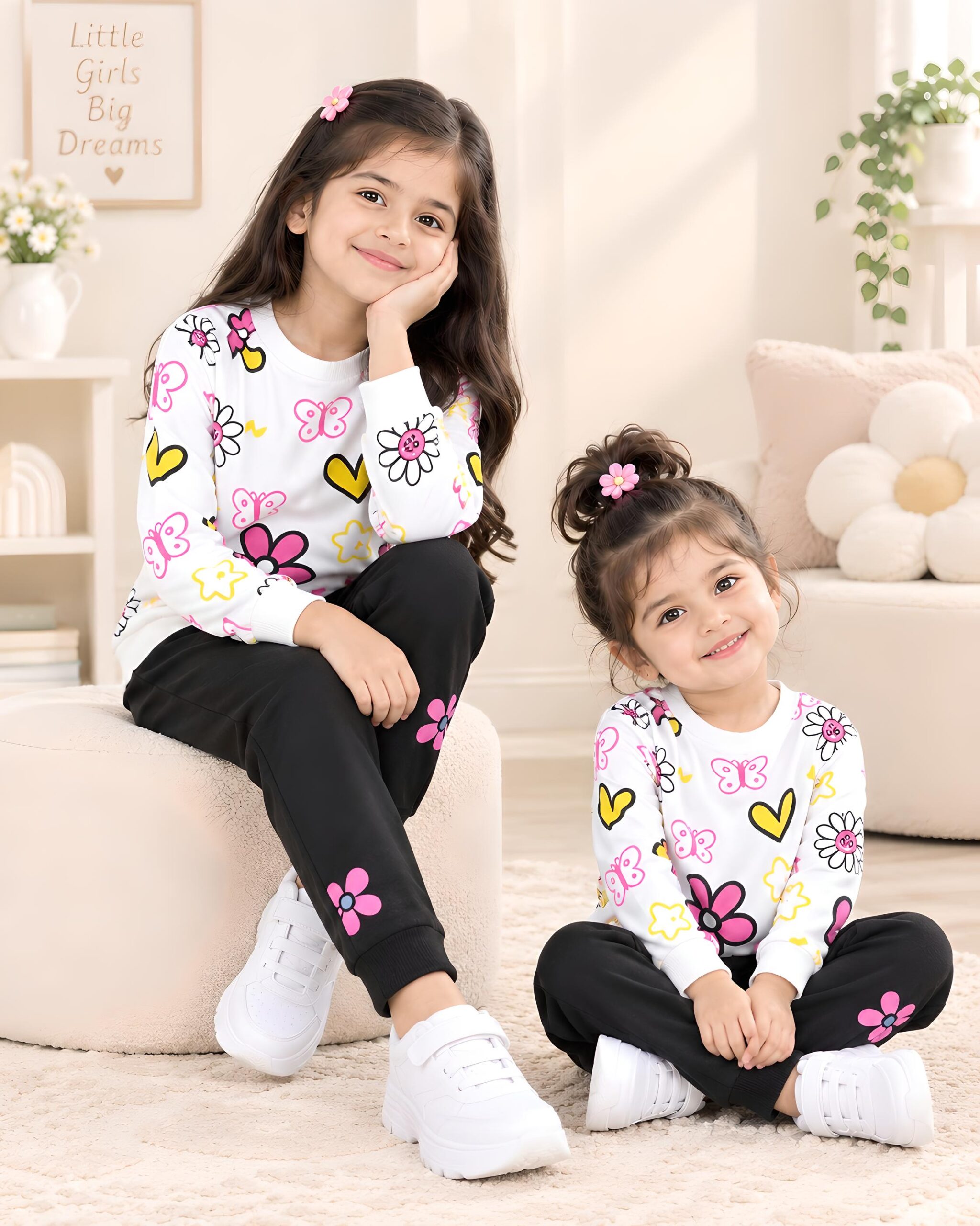 White & Black Floral Butterfly 2-Piece Winter Casual Set